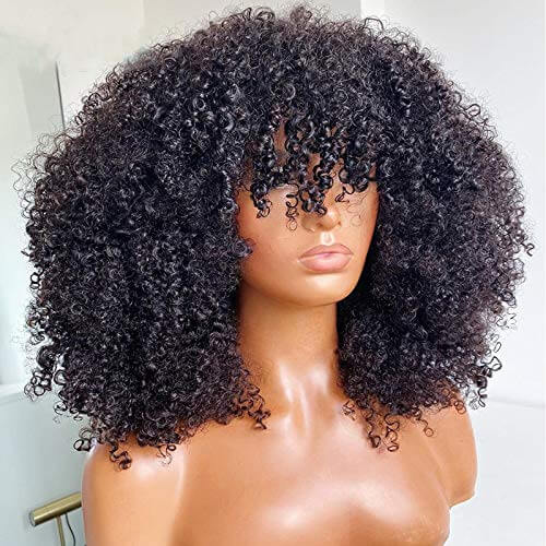natural black kinky curl human hair wig with bangs
