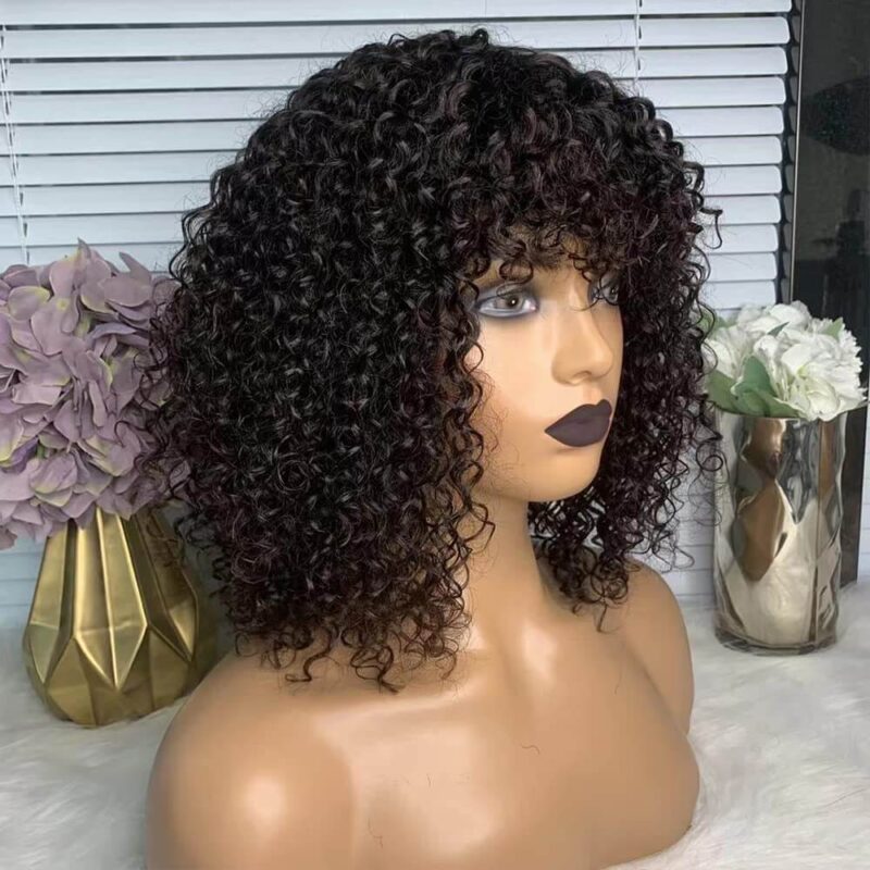 14 inch shoulder length black curly lace front wigs with bangs