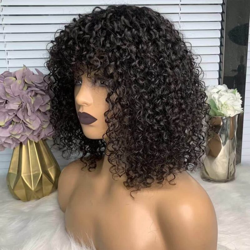 14 inch shoulder length black curly lace front wigs with bangs