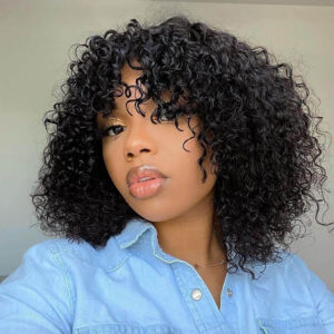 14 inch Shoulder Length Black Jerry Curly Lace Front Wigs with Bangs