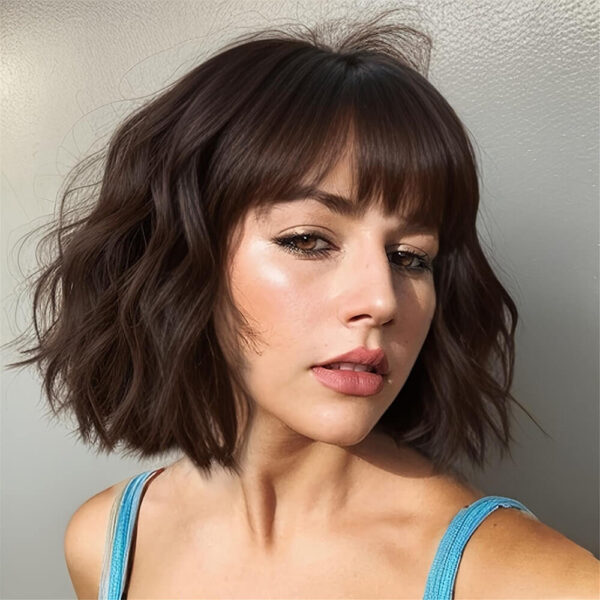 short wave dark brown lace front wig with bang