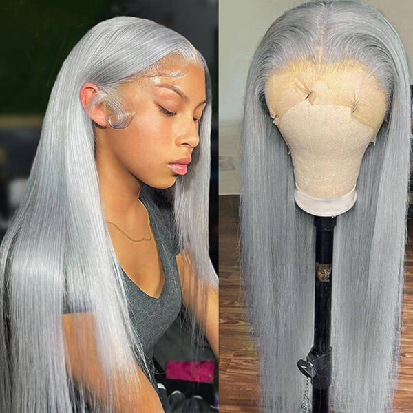 long straight grey human hair lace front wig