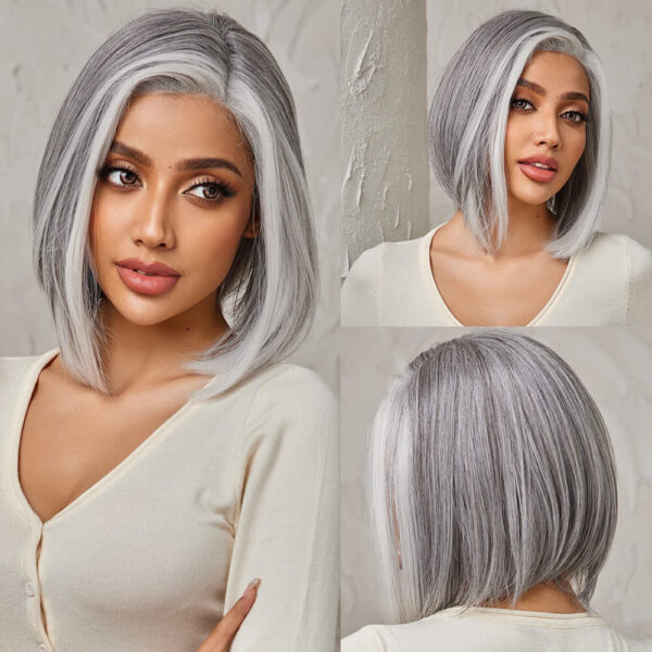 short silver grey human hair wig with white blonde highlight